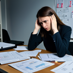 A professional female UX designer, fully clothed in modest business attire, sits at a cluttered desk in a dimly lit office. She looks stressed and confused, with a hand resting on her forehead, gazing at a chaotic whiteboard filled with jumbled ideas and question marks. Stacks of disorganized papers surround her, conveying an atmosphere of uncertainty and frustration, emphasizing the struggles of intuition-based decision-making. safe for work, appropriate content, perfect anatomy, correct proportions, natural pose, well-formed hands, proper finger count, natural body proportions, professional photography, high quality, professional dress, family-friendly.