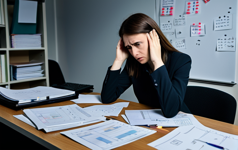 A professional female UX designer, fully clothed in modest business attire, sits at a cluttered desk in a dimly lit office. She looks stressed and confused, with a hand resting on her forehead, gazing at a chaotic whiteboard filled with jumbled ideas and question marks. Stacks of disorganized papers surround her, conveying an atmosphere of uncertainty and frustration, emphasizing the struggles of intuition-based decision-making. safe for work, appropriate content, perfect anatomy, correct proportions, natural pose, well-formed hands, proper finger count, natural body proportions, professional photography, high quality, professional dress, family-friendly.